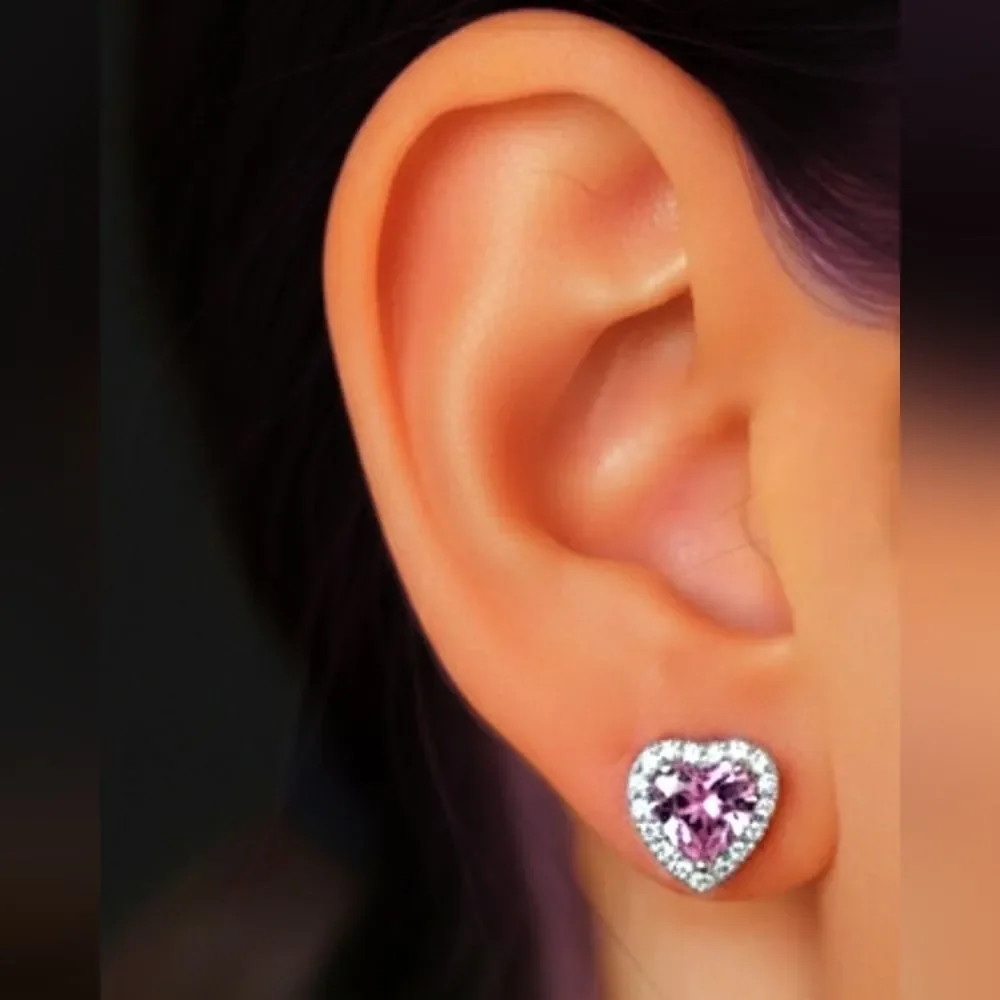 Heart Shaped Pink & Clear White Natural Topaz  Earrings on 925 Silver